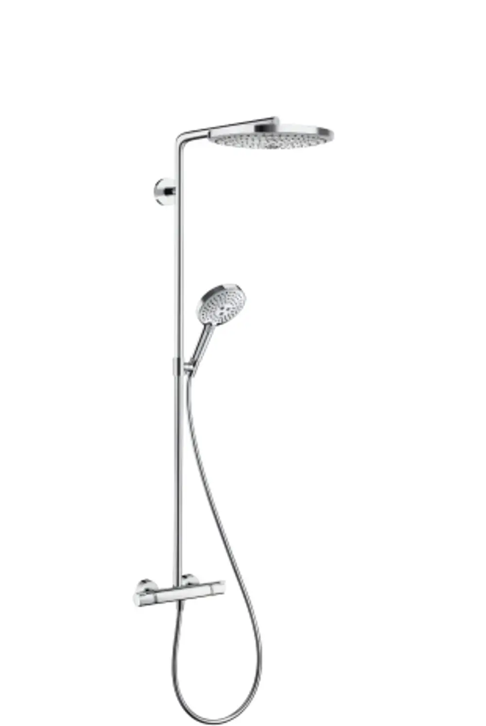 Hansgrohe Duschsystem mit Regendusche und Handbrause, ausgestattet mit Thermostat zur Temperaturregelung und verchromter Oberfläche. Ideal für moderne Badezimmer.